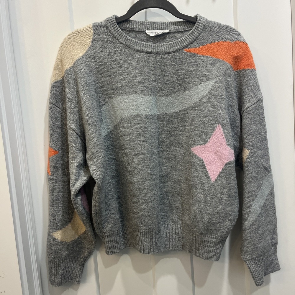 THML Women's Star and Moon Print Crew Neck Pullover Sweater Celestial Sz Medium